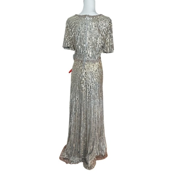 Mac Duggal Gown Silver Beaded Sequin‎ Dress Flutter Sleeves Size 8 NEW - Picture 3 of 12